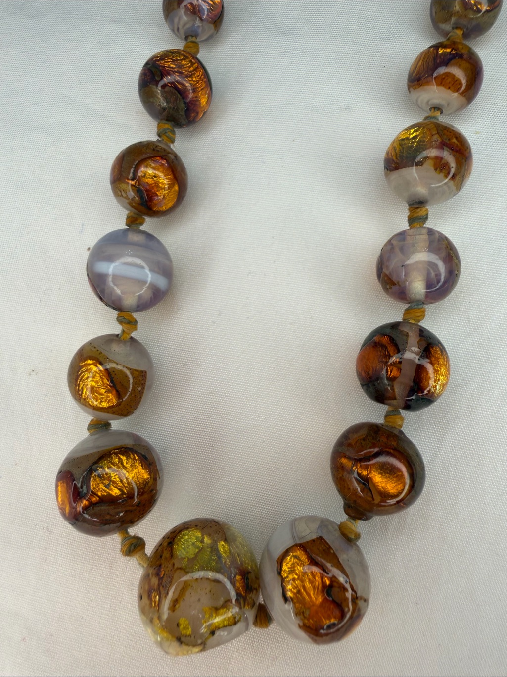 Vintage Venetian Gold Foil Opal Glass Bead Necklace Opalescent Graduated Beads